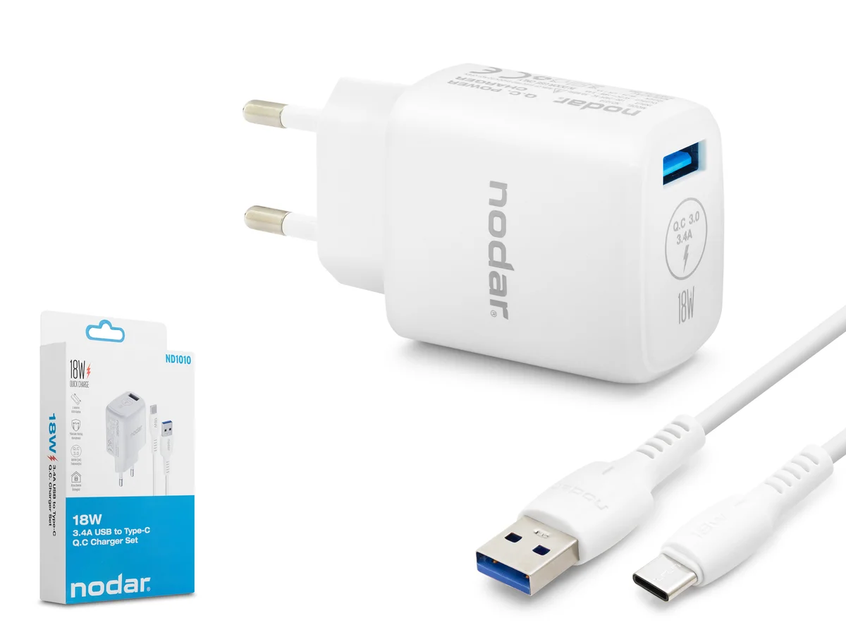 Nodar Nd1010 Usb To Type-C Fast Şarj Seti Q.C 3.0 3.4A 18W Beyaz