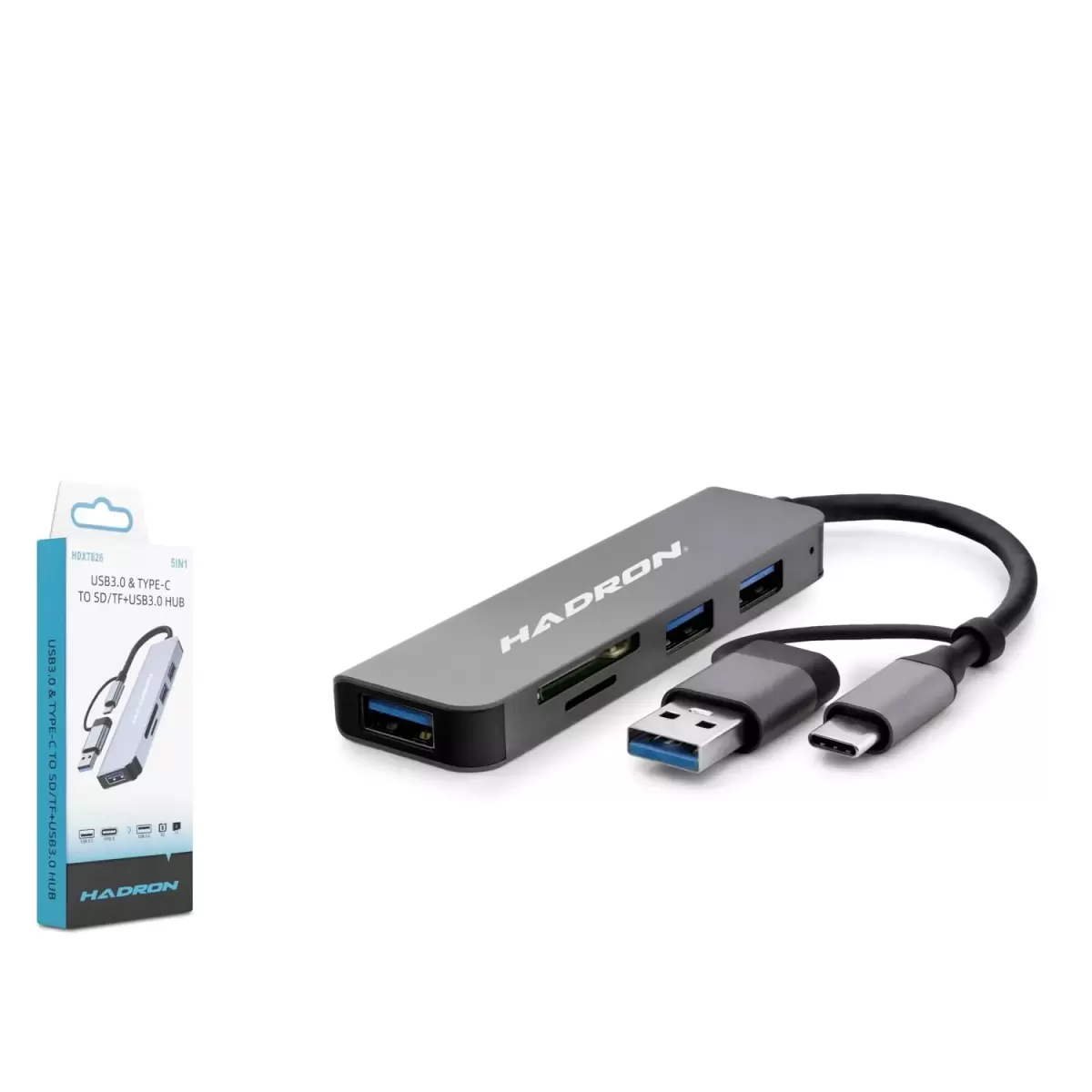 HADRON HDX7826 USB 3.0 & Type-C Combo Hub Kart Okuyucu 5 Port - Gri